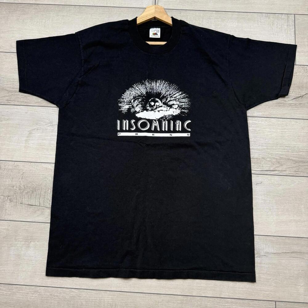 Vintage 90s Insomniac Press T-Shirt XL Black Canada Made Fruit of the Loom Rare